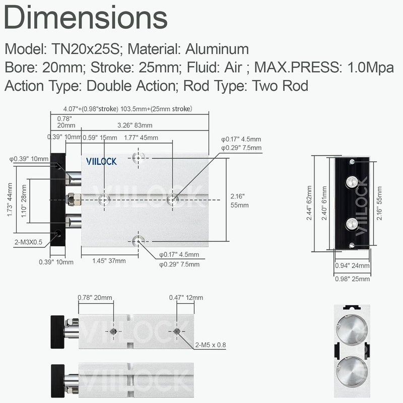 VIILOCK Pneumatic Air Cylinder 20mm Bore 25mm Stroke, Small Air Cylinder Double Rod Double Action TN20x25 - Image 5